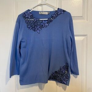 Kay Dee Blue Floral Applique Knit Sweater Women’s Size XL